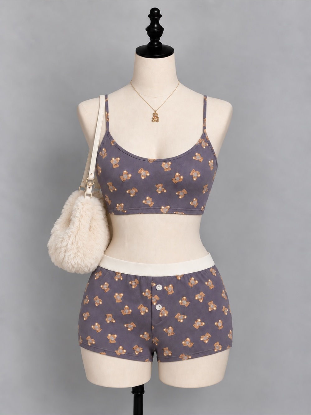 Teddy Print Bralette & Shorts Sleep Set - Gray
